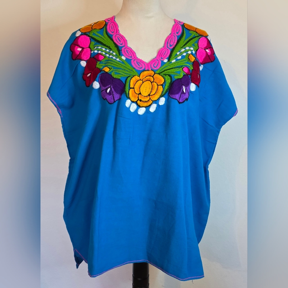Mexican Floral Embroidered Plus Size Cotton Blouse Turquoise V-neck Handmade